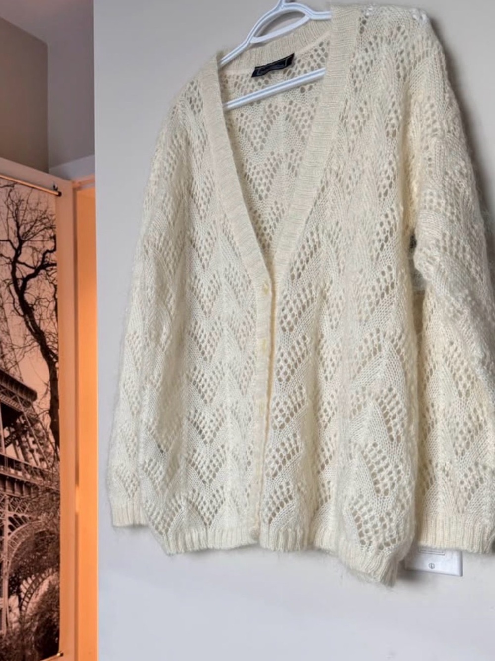 Cream Mohair Blend Open Knit Cardigan Ivory Pointelle P/S but fits up to L size